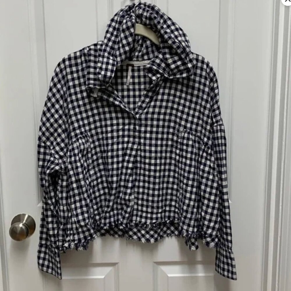 Free People Gingham Cropped half Button-Down Pullover Hoodie